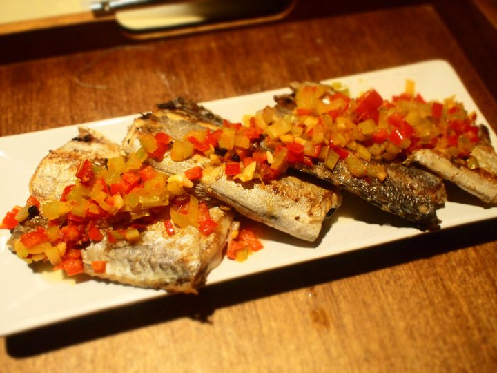 pan seared belt fish with spicy celery and pepper salsa