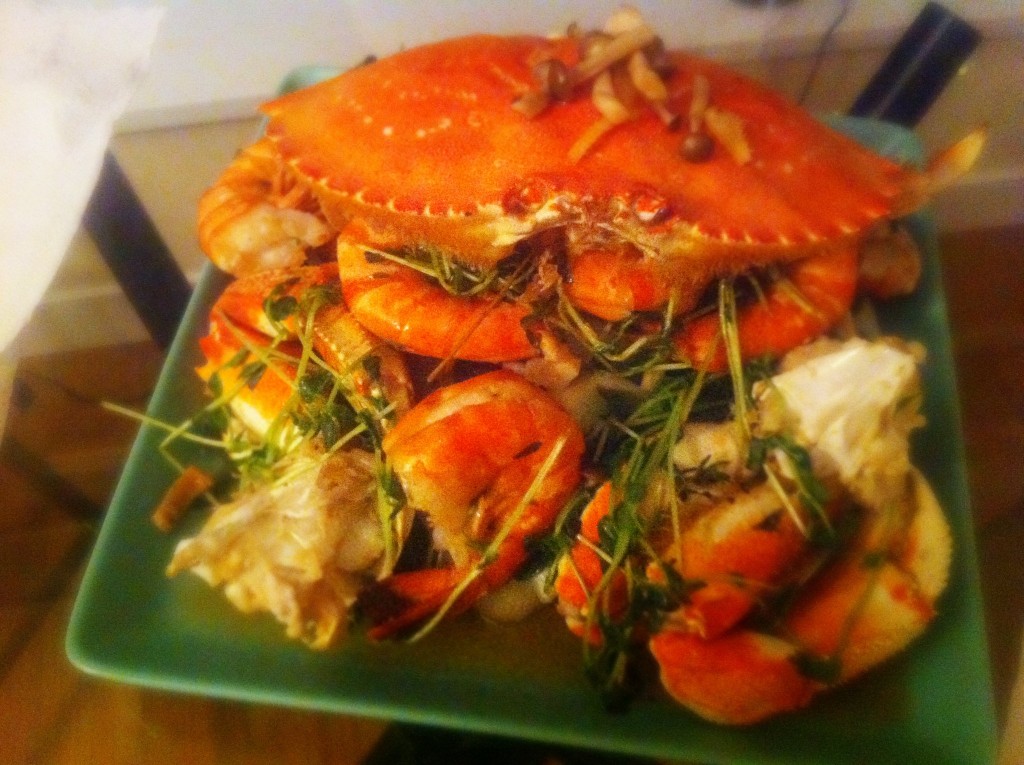 Crab and Prawns, Stir Fry with Ginger, and Baby Pea Shoots